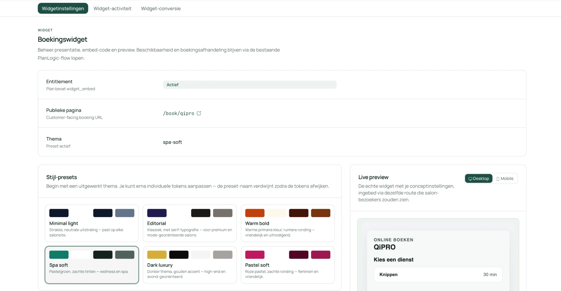 Widgetinstellingen in PlanLogic met zes stijl-presets en een live preview van de boekingswidget