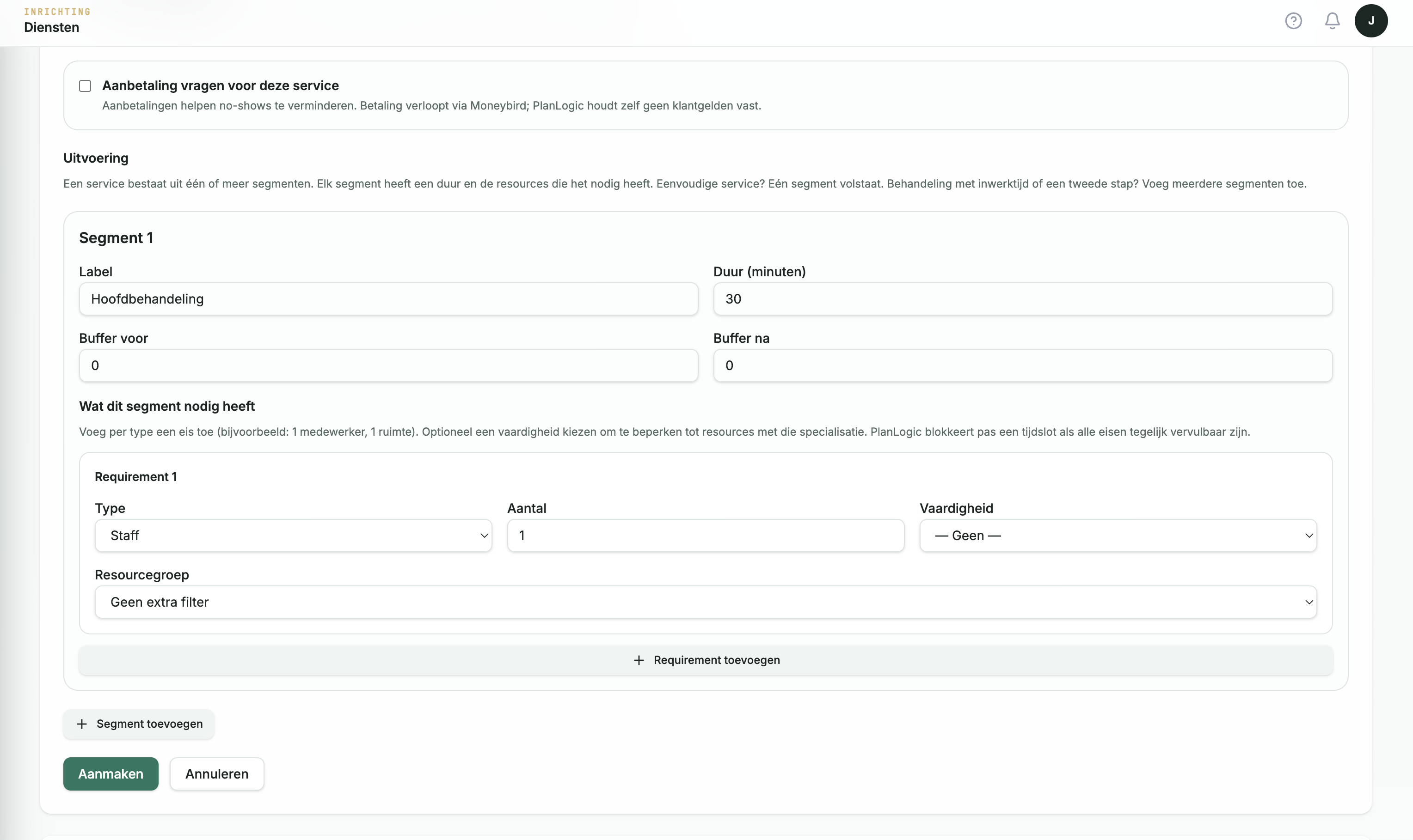 Inrichtingsscherm Diensten: segment met duur, buffers en de eisen per resourcetype